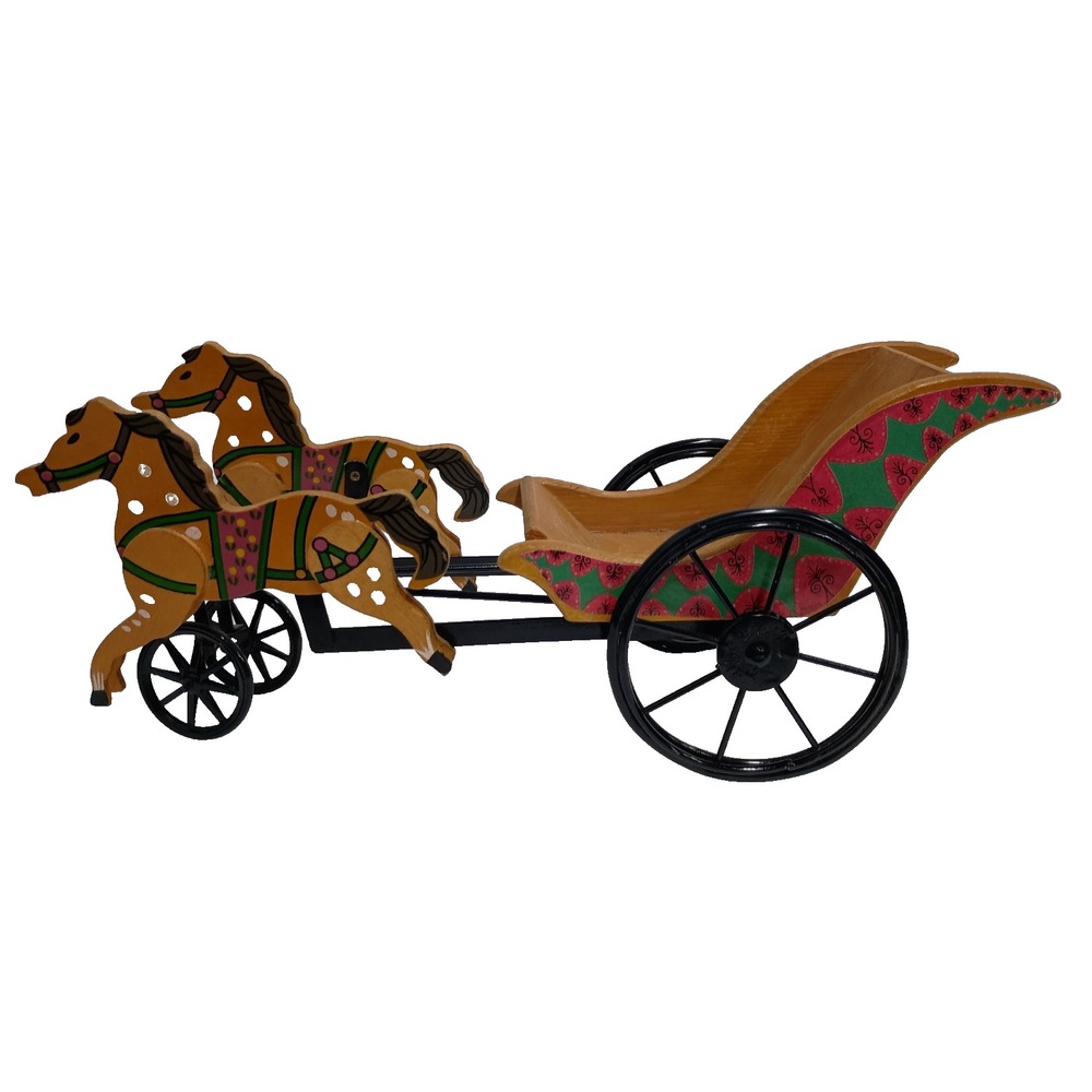 Vintage Christmas Morning Wood Double Horse Carriage Hand Painted Figurine Rare